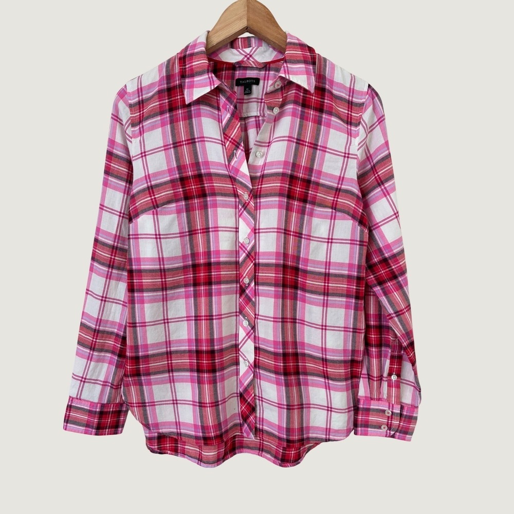 Talbots Womens Pink White Plaid Cotton Button Down Shirt Long Sleeve XS Classic